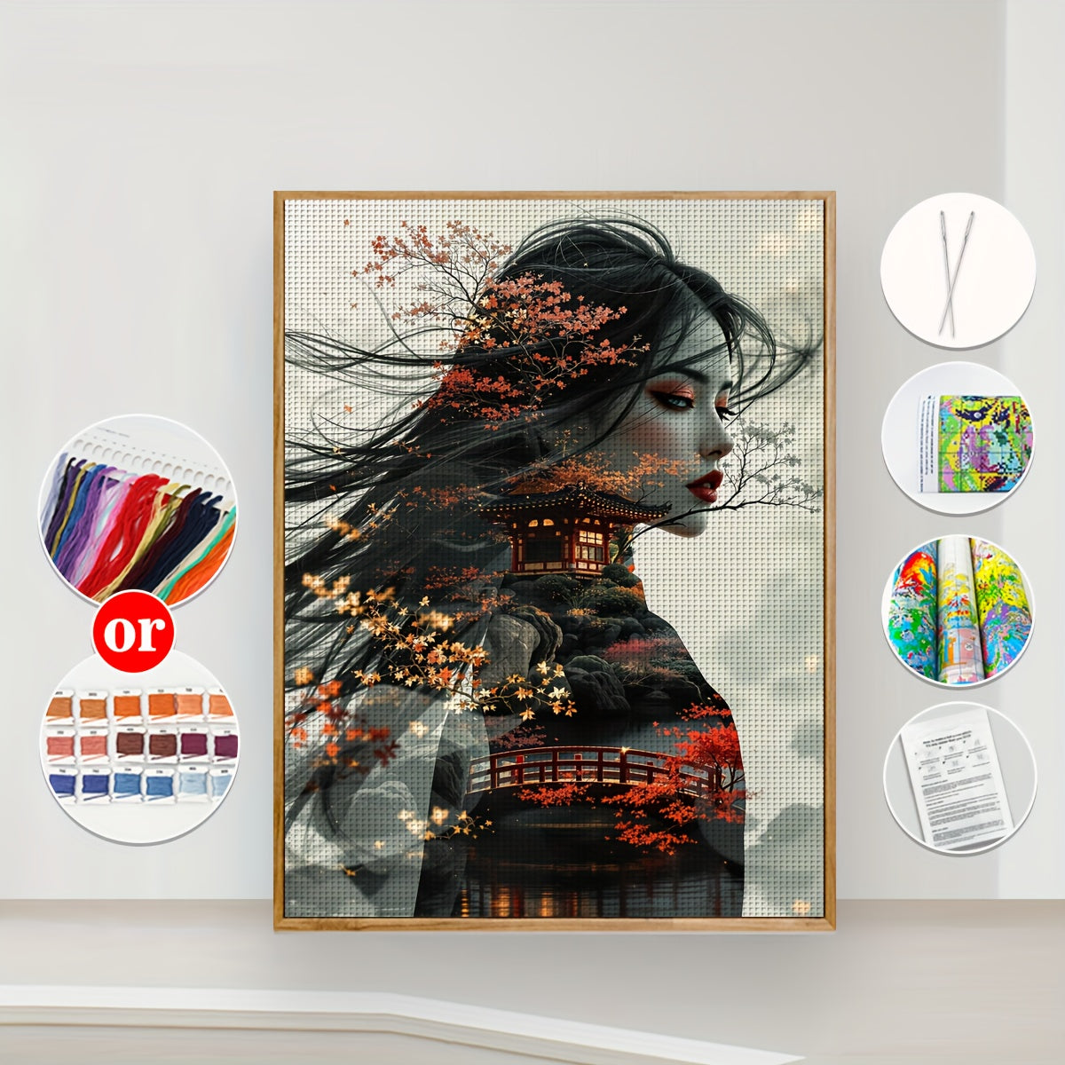 1pc Elegant Woman with Cherry Blossom Hair Design 11x15.7" DIY Cross Stitch Kit - Includes Canvas, Threads, Needle, Patterns & Instructions - Perfect for Beginners, Ideal for Home & Office Decor, Gift for Friends & Family, Re