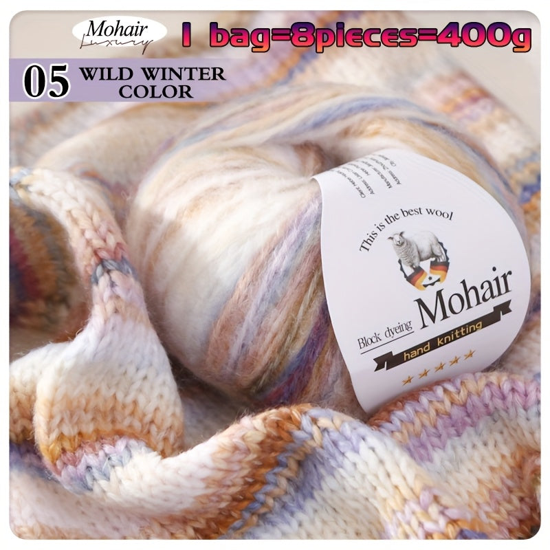 1 Bag = 8 Balls = 400g Multicolor Self-Striping Mohair Yarn | Fashion Sweaters, Coats, Shawls, Trench Coats, Scarves, Hats, Gloves, Clothing Accessories - Polyester 80%, Wool 10%, Nylon 10%