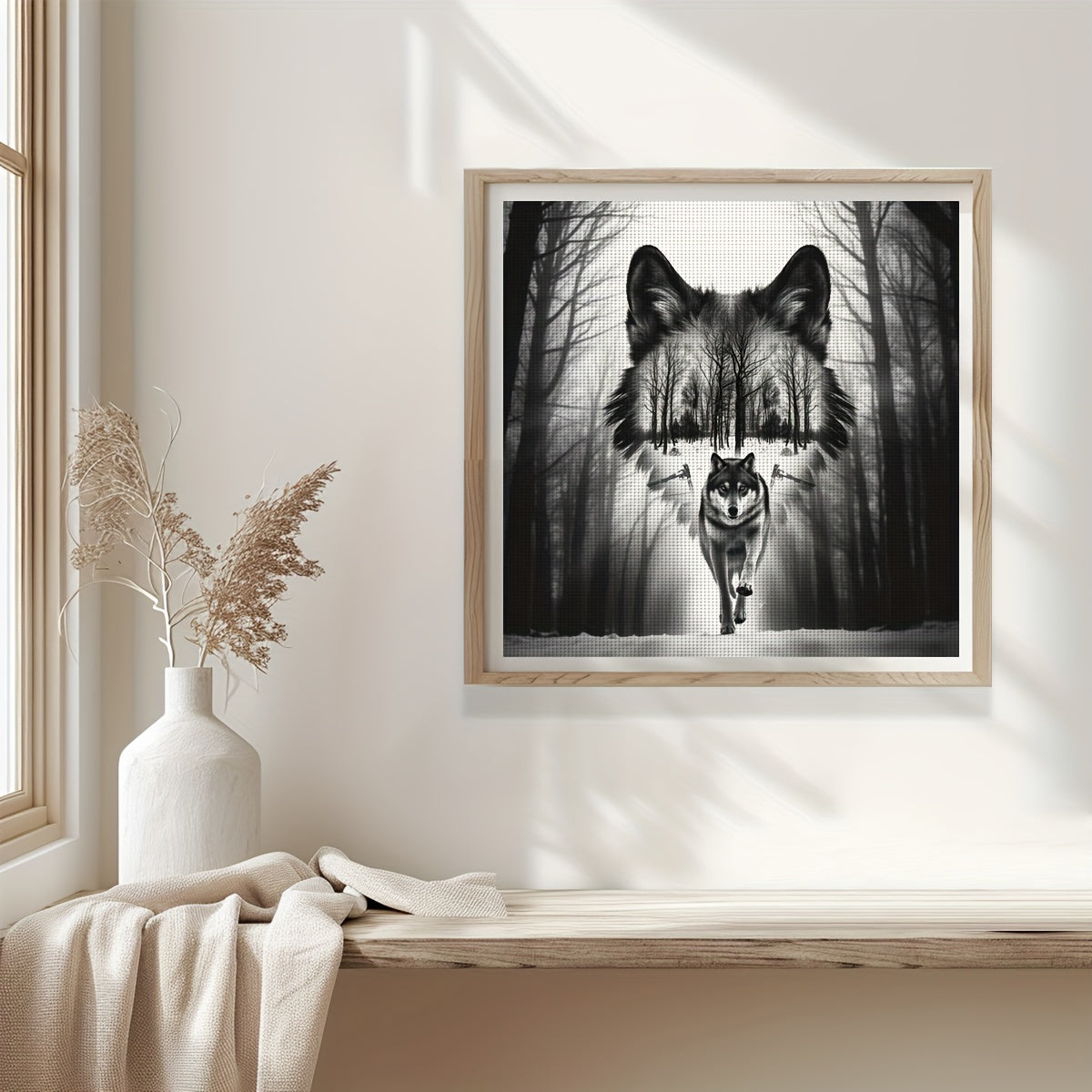 1pc 40x40cm/15.7x15.7" DIY Cross Stitch Kit - Gray Wolf in Winter Forest, Relaxing Adult Beginner Project with Printed Canvas, Needle, Thread, Pattern, and Instructions - Ideal for Home & Office Decor, Perfect Gift for Friend