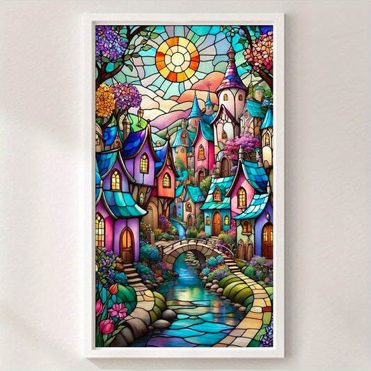 Stamped Cross Stitch Kits for Adults, Stained Glass House Embroidery Kits for Beginners, 11CT Patterns, Counted Embroidery Needlepoint Kits Home Decor, 15.7 x 27.5 inch