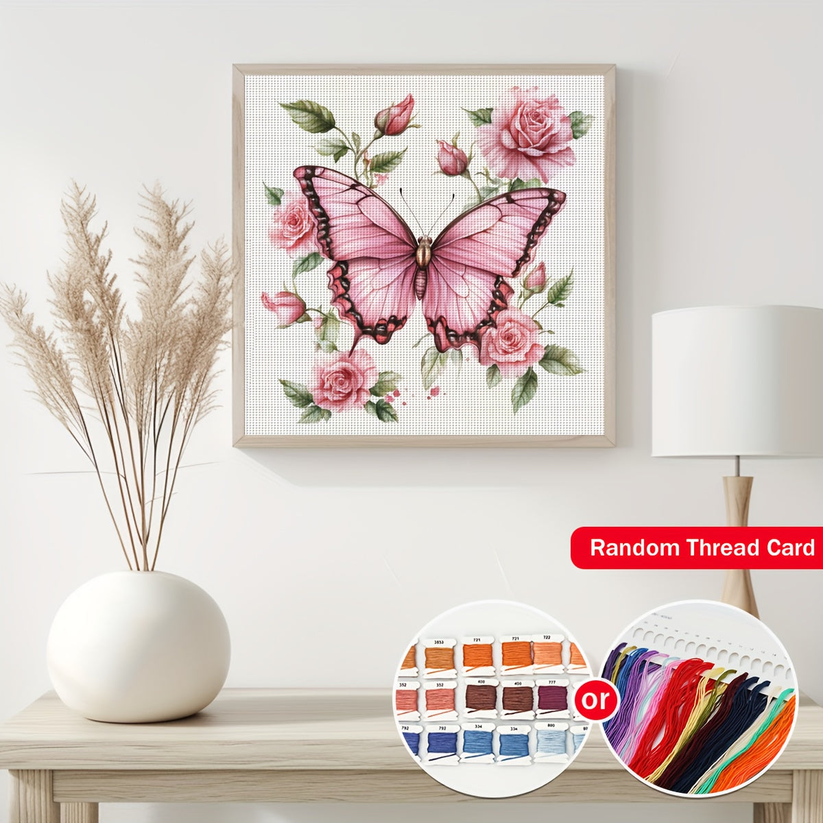 ZUOANLF 1set 40x40cm/15.7x15.7Inch DIY Cross Stitch Kit Frameless, Butterfly and flowers, stamped cross stitch kits, Embroidery Set for Home Decor, Includes Patterned Fabric & Threads, Perfect for Living Room Entrance or Bedr