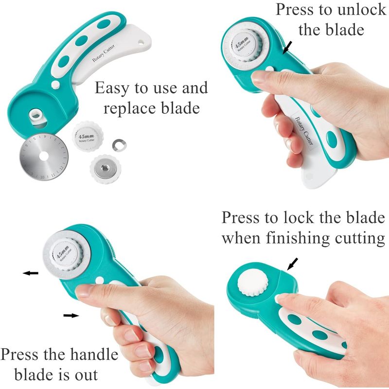 Headley Tools Rotary Cutter Set - 45mm Fabric Cutter, 5 Extra Rotary Blades, A3 Cutting Mat, Quilting Ruler and Sewing Clips | Craft Knife Set, Ideal for Crafting, Sewing, Patchworking, Turquoise
