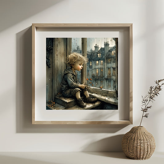 JOZYSH 1pc 11x11in Cross Stitch DIY Kit - "Boy by Window" Fantasy Scene with Detailed Architecture, Includes Canvas, Needle, Thread, Pattern, and Instructions - Ideal for Beginners, Bedroom, or Living Room Wall Decor, Perfect