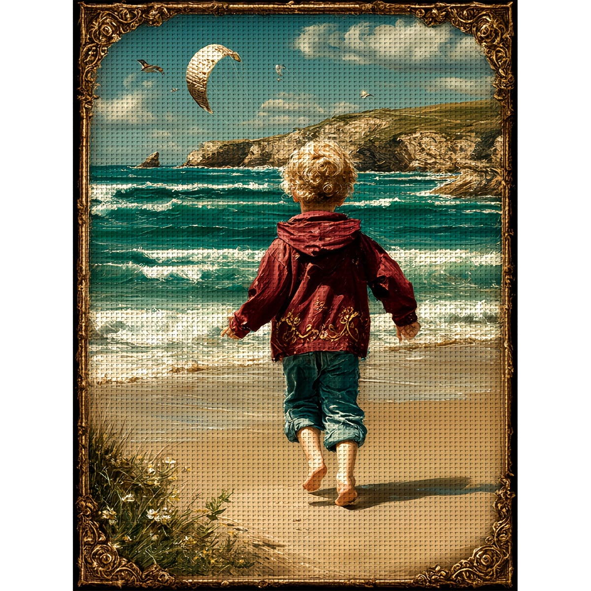 JOZYSH 1pc, new 16CT frameless 30x40cm/11.8x15.7in cross stitch kit, Running by the seaside, handmade DIY printed cross stitch embroidery set, creative hand relaxed gift, including printed map, printed embroidery cloth, threa