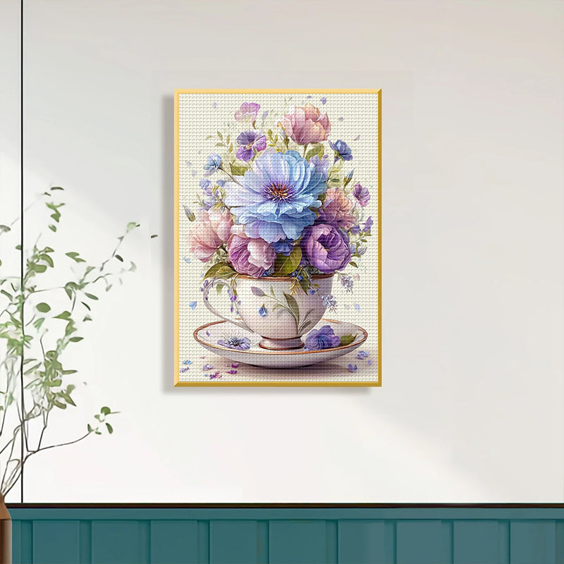 1pc DIY Floral Cross Stitch Kit - 13, 8x17, 7in Frameless Fabric, 11CT Printed Design with Vibrant Blue & Pink Flowers, Green Leaves, and White Cup & Saucer - Ideal for Home Wall Decor, Mother'S Day Gift, Crafting Supplies In