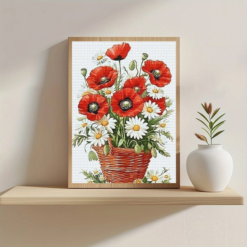1pc DIY Floral Cross Stitch Kit - 13, 8x17, 7in Frameless Fabric, 11CT Printed Design with Red Poppies & Daisies, Includes Threads for Home Wall Decor, Mother'S Day Gift, Crafting & Sewing Supplies, Cross Stitch Kits for, Hom