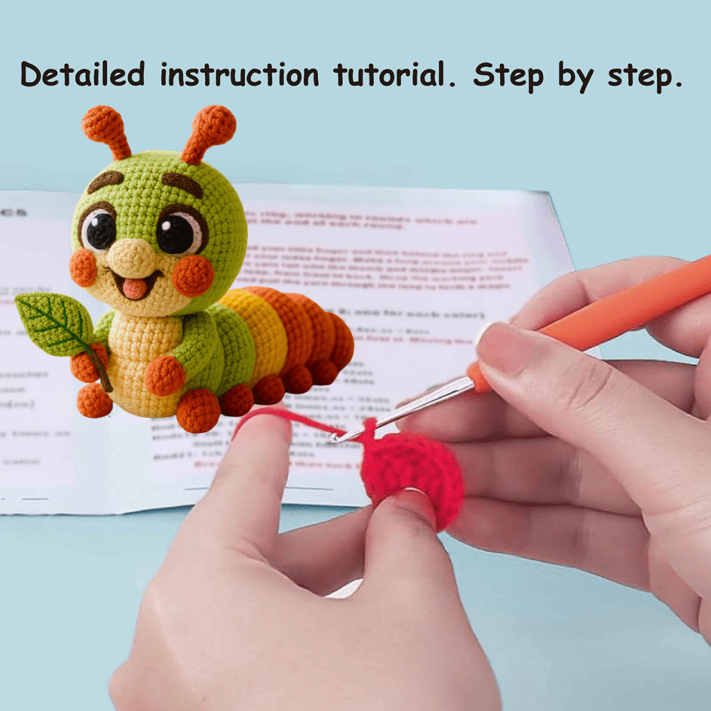 1 Set Complete DIY Crochet for CATERPILLAR Kit for Adults & Beginners - All-in-One with Yarn, English Manual & - Create Cute Handmade Doll, Stuffed Animal, Amigurumi - Soft Fabric Crafting Set, No-Sew Hooking Techniques, &