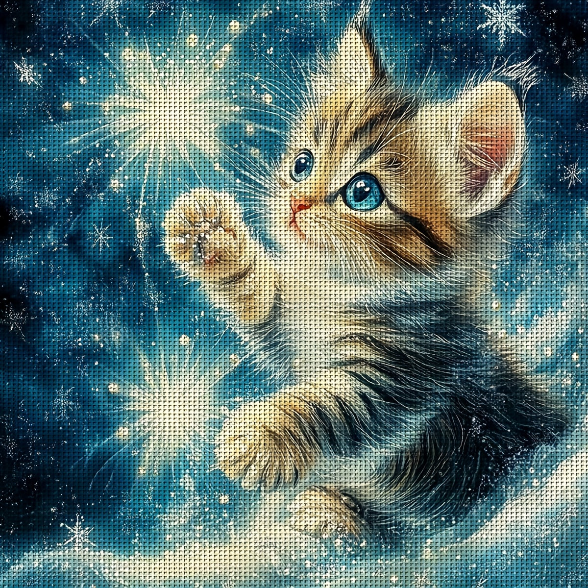 JOZYSH 1pc 11x11in Stitched Cross Stitch Kit - Adorable Kitten Playing with Sparkles, All-Season Fantasy Wall Art for Bedroom or Living Room, Includes Canvas, Needle, Thread, Pattern, and Instructions, Perfect Gift for Beginn