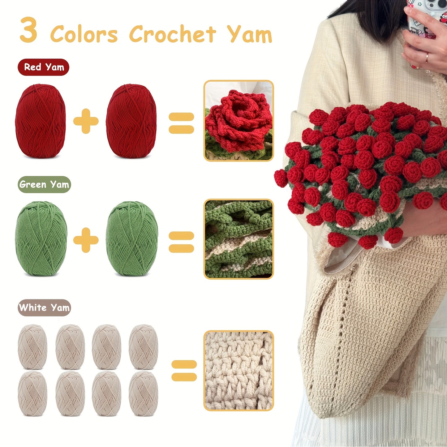 Complete DIY Crochet Flowers Bouquet Blanket Kit - 43-Inch Round Handmade Yarn Throw with 12 Yarn Balls, Crochet Hook & Tools for Beginners, Adults - All-Season Soft Knitting Craft (Pink/Red/Green) - Cozy Handmade Gift