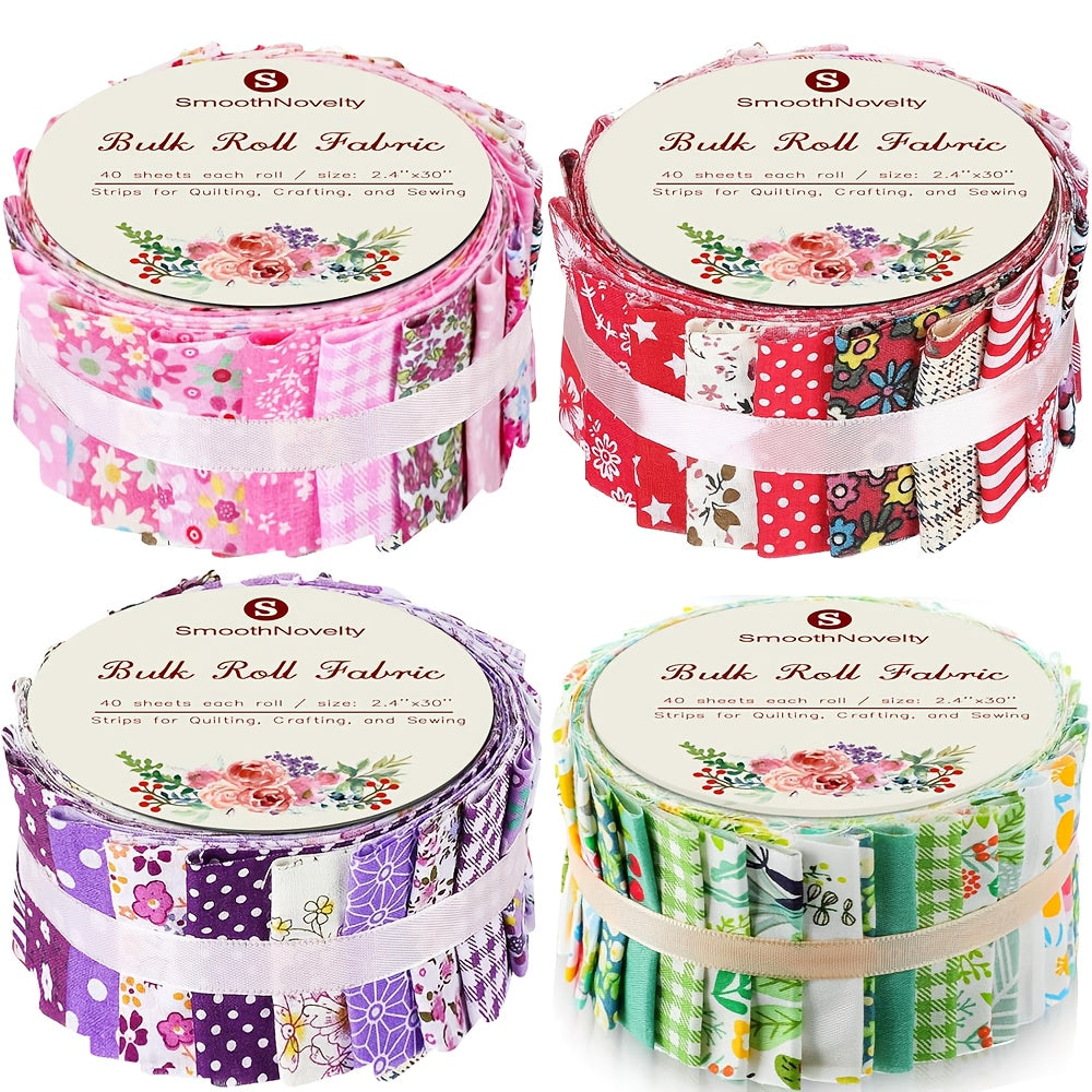 SmoothNovelty 160pcs 4 Roll Fabric Strips Assorted Quilting Fabric for Quilting Crafting And Sewing Rolled Cotton for Crafts Blanket Rug Upholstery And Purse Making (Cute Style), Smooth Texture, Hand Wash Only, Precut Fabric