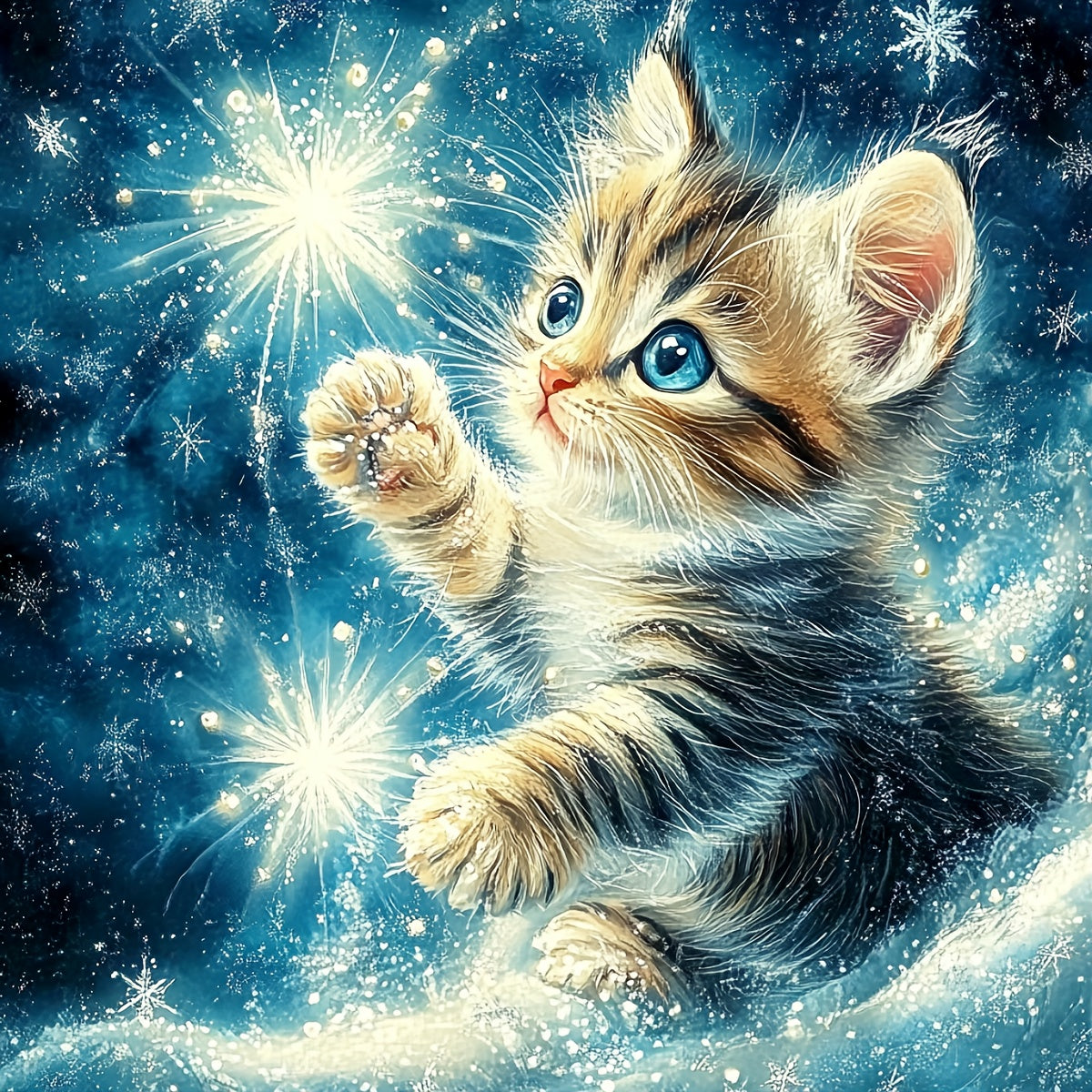 JOZYSH 1pc 11x11in Stitched Cross Stitch Kit - Adorable Kitten Playing with Sparkles, All-Season Fantasy Wall Art for Bedroom or Living Room, Includes Canvas, Needle, Thread, Pattern, and Instructions, Perfect Gift for Beginn
