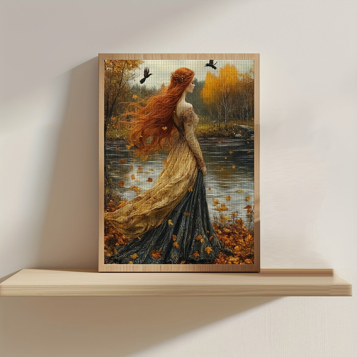 JOZYSH 11CT/14CT Cross Stitch Kit - Elegant Red-Haired Lady in Autumn Landscape, DIY Canvas Art with Frame, 30x40cm/11.8x15.7in, All-Season Home Decor, Relaxing Handmade Gift for Office, Office Artwork | Autumnal Scene | Deta