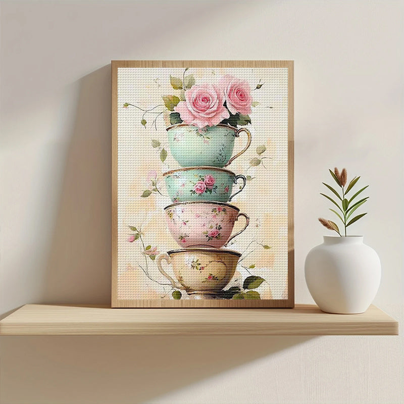 DIY Floral Teacup Cross Stitch Kit - 13, 8"x17, 7" Frameless Fabric, 11CT Printed Design with Pink Roses & Green Leaves, Perfect for Home Wall Decor, Mother'S Day Gift, Includes Eco-Cotton Thread, Home Decor Craft|Floral Patt