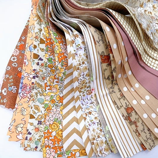 42pcs Khaki Floral Fabric Jelly Rolls - Pre-Cut 100% Cotton Quilting Patches With Assorted Patterns (Chevron, Polka Dots, Grids) For Thanksgiving Crafts, Scrapbooking & Sewing Beginners - Hand Wash Only, Quilting Supplies And