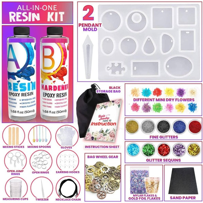 Complete Resin Jewelry Making Starter Kit for Beginners with Mold & Epoxy Resin Supplies - DIY Jewelry Crafting Kit with Tools, Molds, Step-by-Step Guide Suitable for Epoxy Resin Art, Pendants, Earrings, Keychains