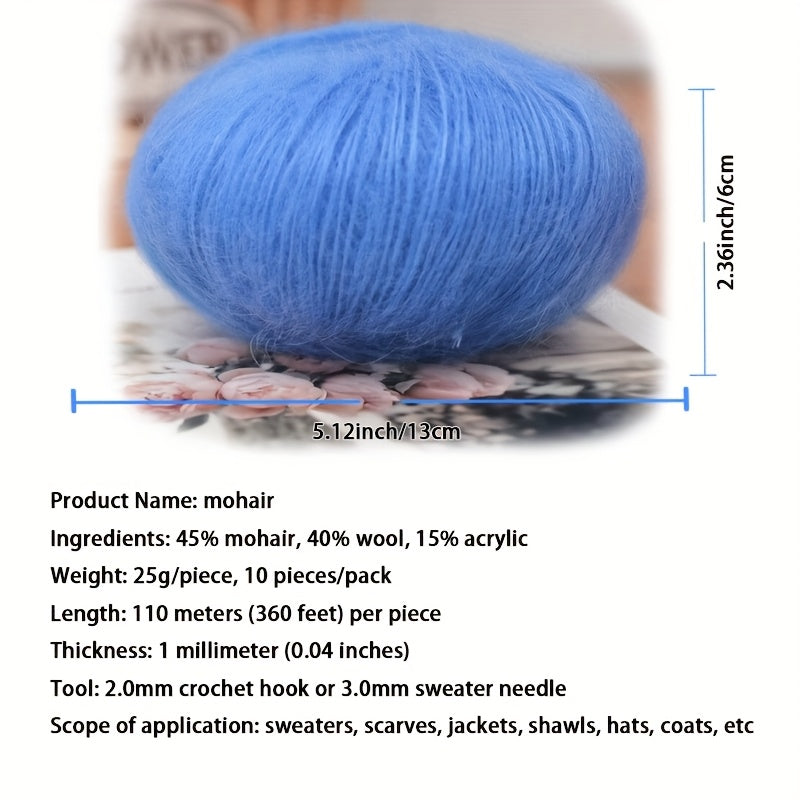 250g Large Bag of Long Wool Yarn, Soft and Light Beige-Friendly DIY Knitting Yarn, Non-Pilling, Suitable for Spring, Summer, Autumn Hollow-Out Fashion Sweaters and Shawls, 45% Cashmere, 40% Wool, 15% Acrylic, 1pc = 10 Balls =