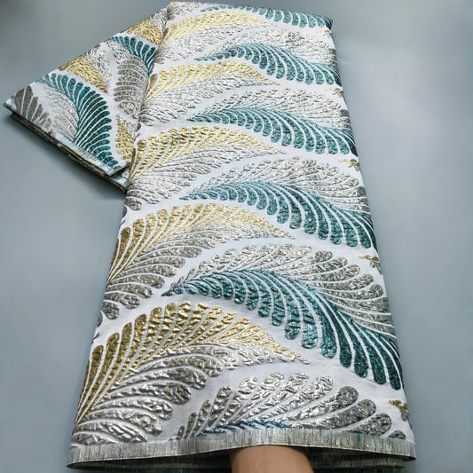 African Nigerian Gild Brocade Lace Fabric - 5 Yards Wide (51-52") Luxury Hand- Fabric with Blue/White/Golden/Black/Teal/Beige/Gray/White Patterns - Pre-Cut for Wedding, Party, Daily African Clothing - Hand Wash Only, Width Av