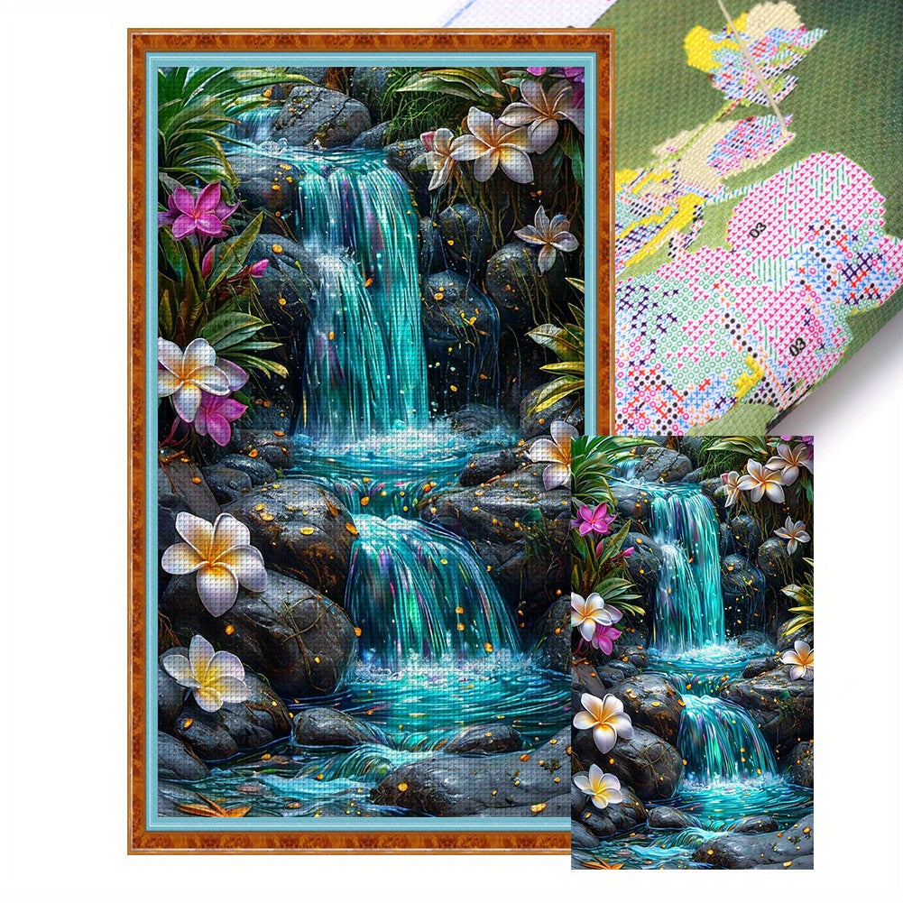 DIY Waterfall Cross Stitch Kit - 11CT Stamped Full Embroidery, 15.75x27.56inch, with Tools & Threads, Vibrant Tropical Scene, Perfect Gift for Craft Lovers & Art Enthusiasts, Embroidery Kit|Tropical Scene|Detailed Embroidery,