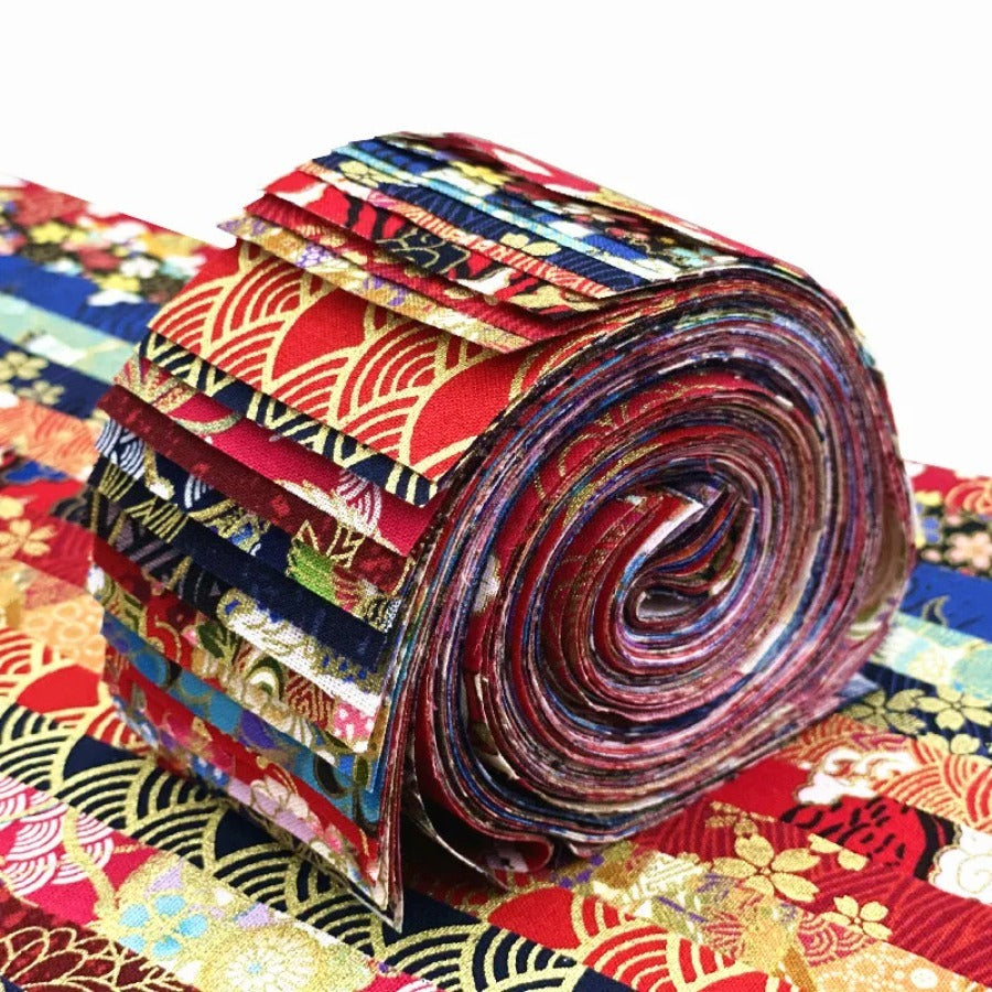 40pcs Japanese Style Hot Stamping Jelly Roll Precuts - Pre-Cut Fabric Strips with Floral, Paisley, Plaid, Stripes & Solid Patterns in Red, Golden, Brown, - Handmade Quilting, Patchwork, Crafts - Precut Cloth Bundle for Quilte