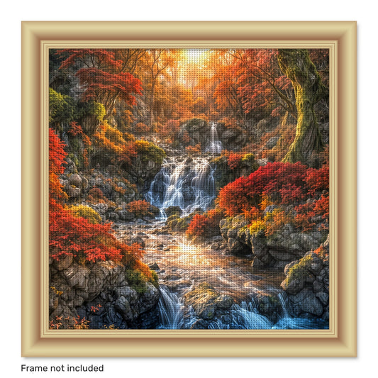JOZYSH 1pc, 40x40cm/15.7x15.7in Autumn Landscape Cross Stitch Kit - Vibrant Mountain Waterfall Scene with Red & Orange Foliage, DIY Wall Hanging for Living Room or Bedroom, Perfect Holiday Gift, Includes Printed Pattern, Fabr
