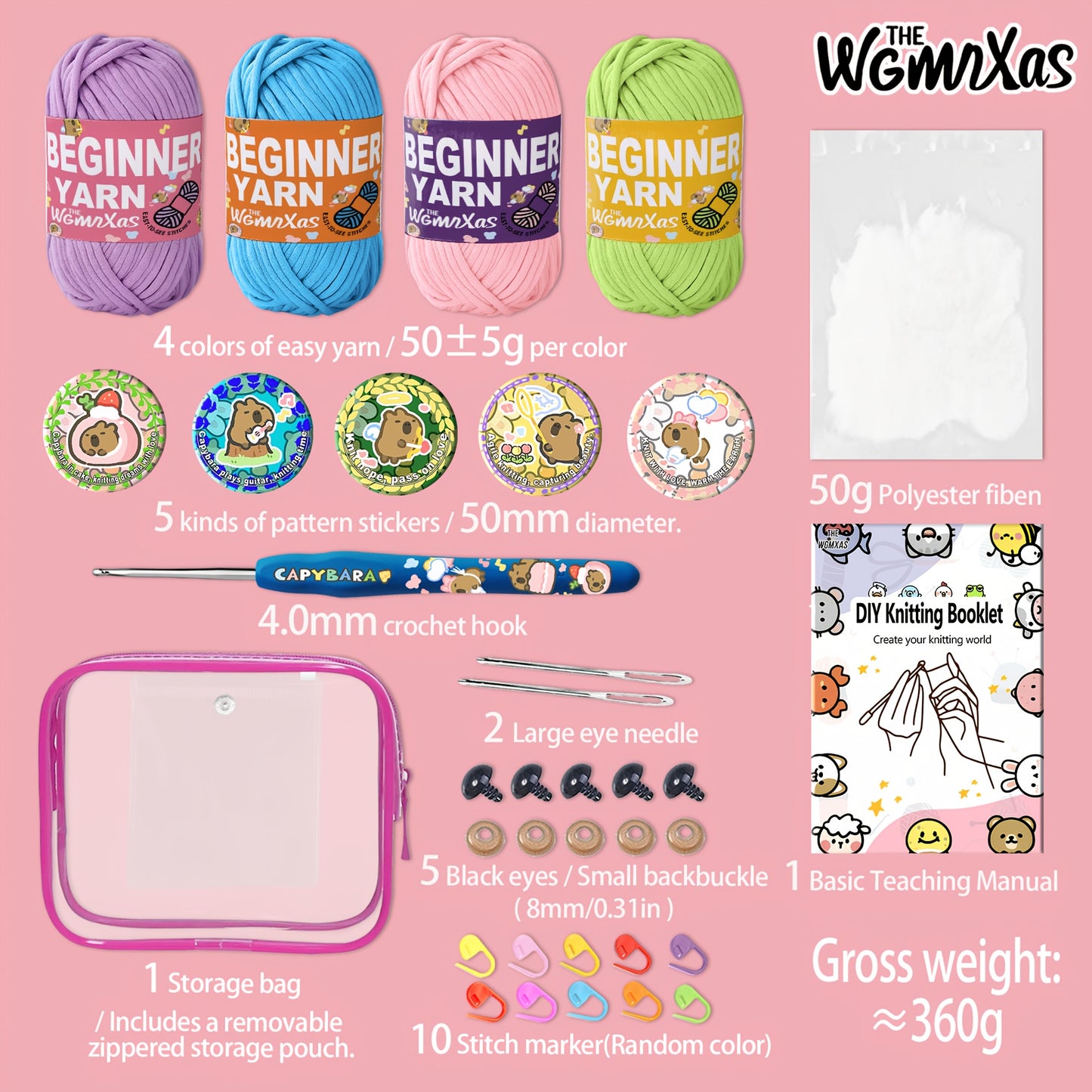 4pcs Yarn Crochet, Beginner Yarn, Crochet Yarn, Crochet Yarn with Easy-to-See Stitches, Storage Tote Bag, Straight Pins, Capybara Theme Crochet Kit, Crochet Yarn For Beginners