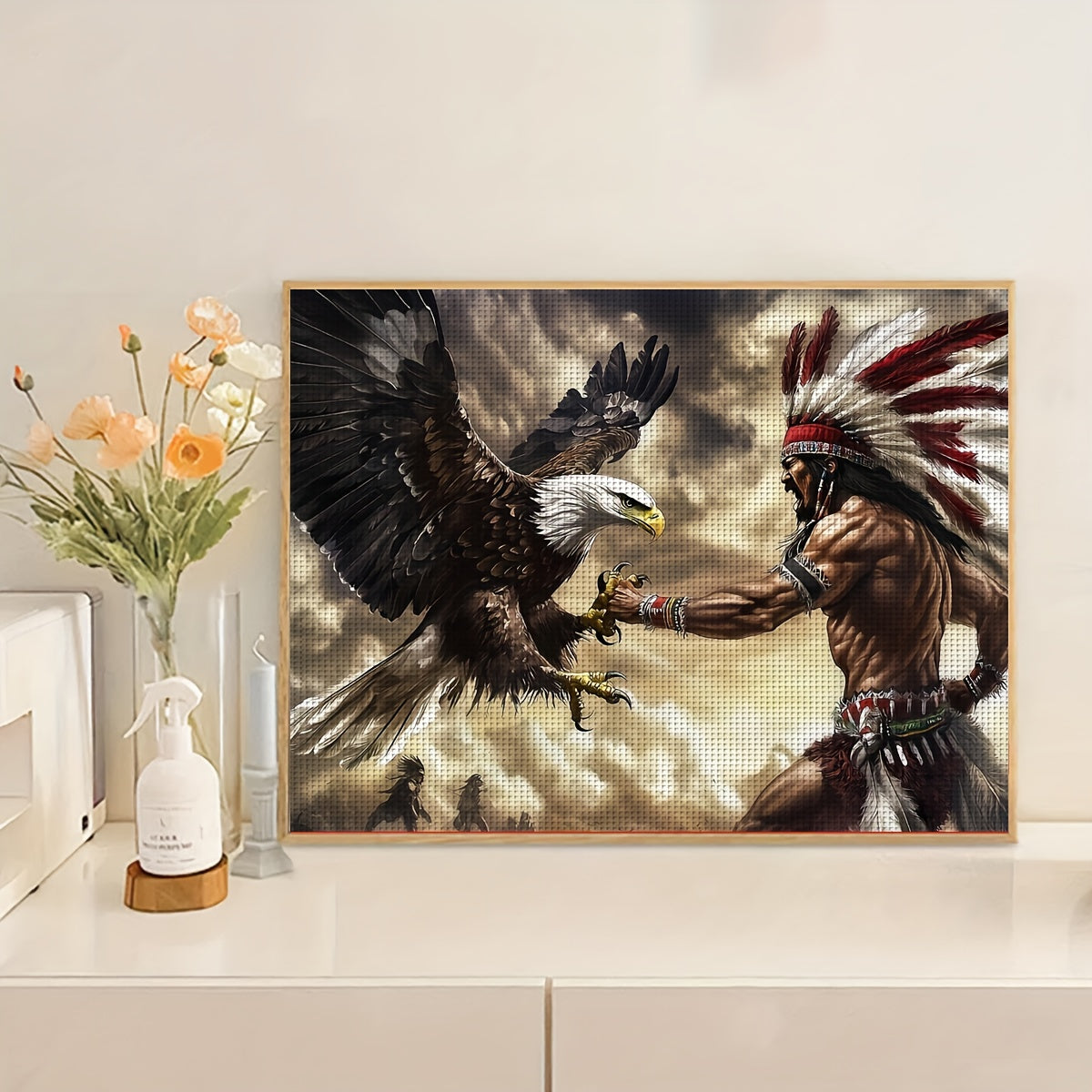 DIY 11x14 Inch Cross Stitch Kit - Majestic Eagle in Flight, 11CT/14CT Frameless Embroidery Pattern with Native American Warrior, Ideal for Home Decor, Living Room, Bedroom, or Gift, Native American Artwork | Natureinspired Ar