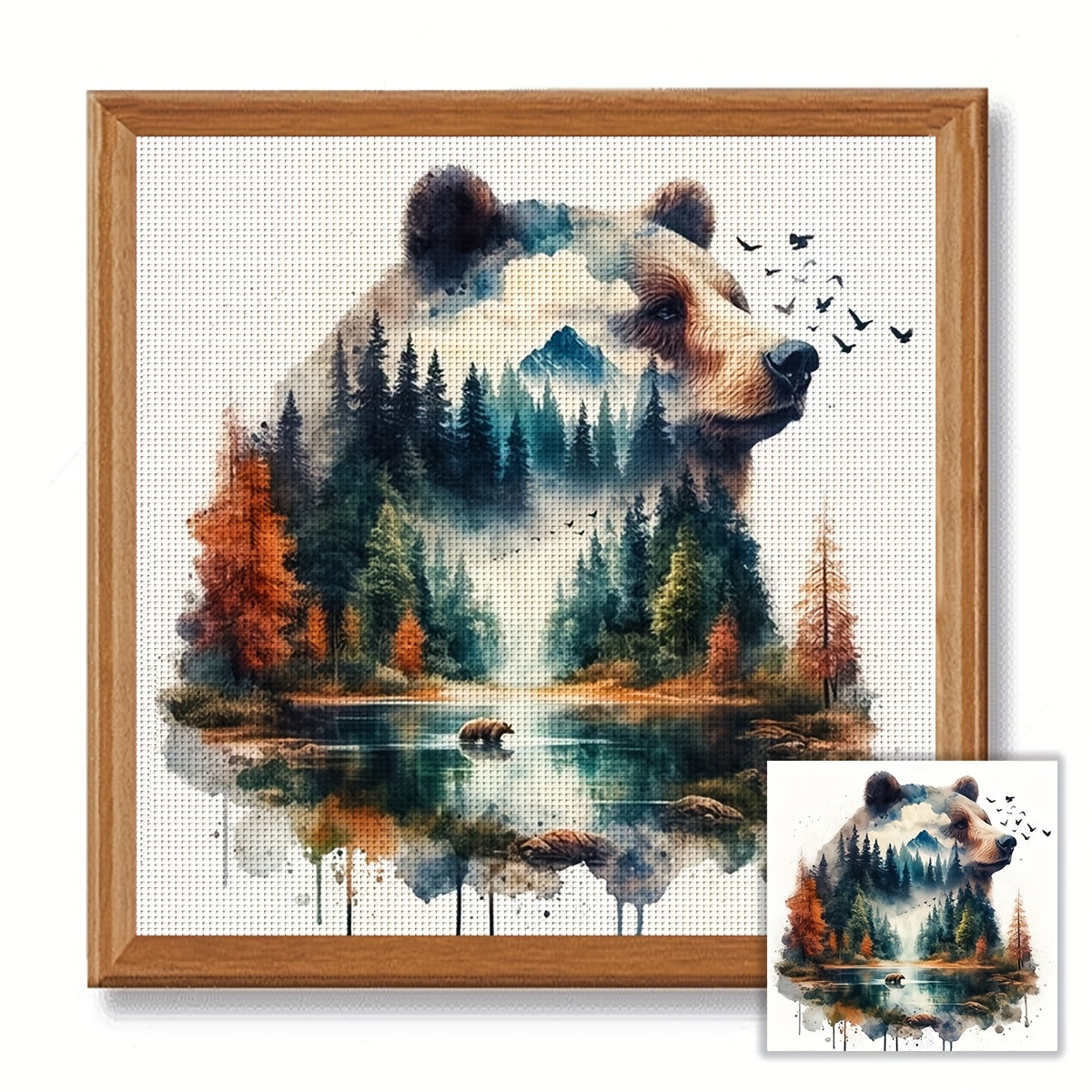 1pc JOZYSH 15.75x15.75inch DIY Cross Stitch Kit - Double Exposure Bear & Landscape, Relaxing Adult Beginner Project with Printed Canvas, Needles, Threads, Patterns & Instructions - Perfect for Home & Office Decor, Ideal Gift