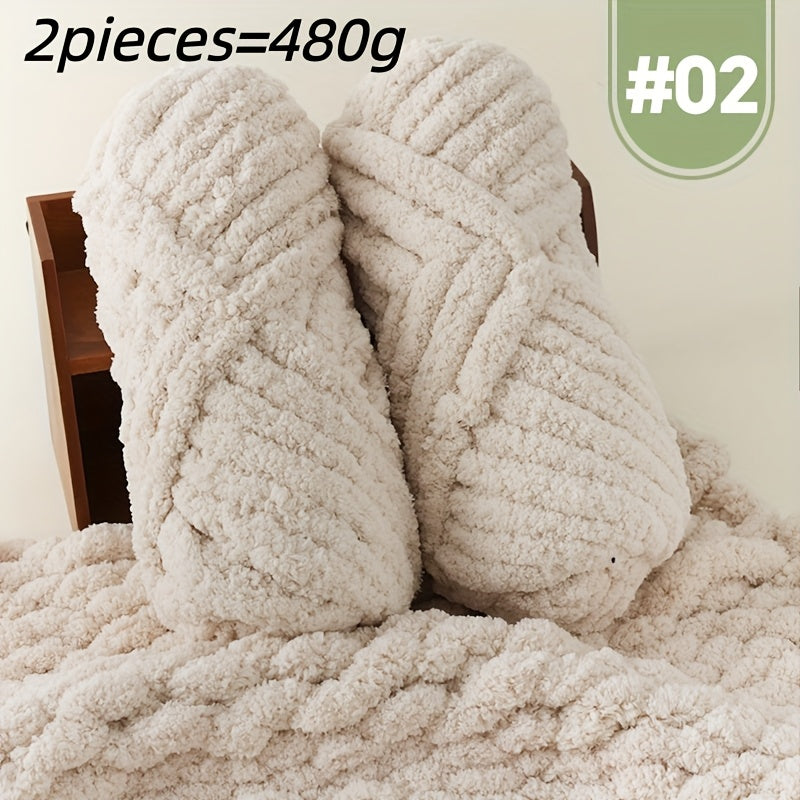 Extra Large Plush Cat Tail Chenille Yarn, Two Skeins per Pack (Total 480g, 16.93oz), for Hand Knitting and Crocheting - Fluffy Soft Giant Bulky yarn. Ideal Thumbneedle Yarn for DIY Blankets, Pet Beds, Rugs, Pillows & Home Dec