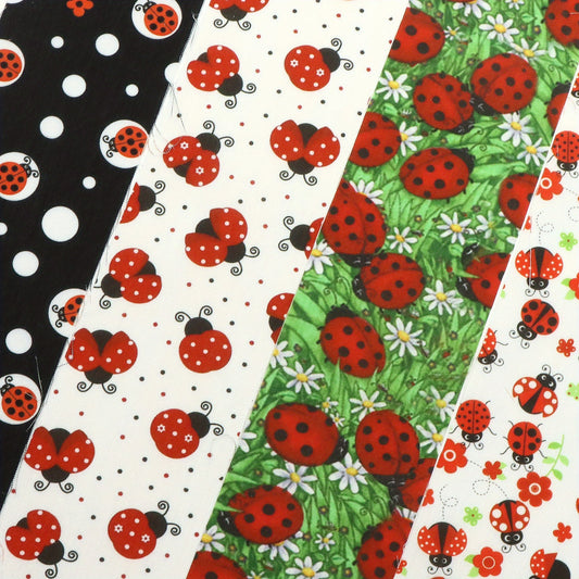 40pcs Ladybug Quilting Fabric Strips - Red & Black Ladybugs with Green Floral, Pre-Cut Long Patchwork strips for DIY Crafts, Scrapbooking, Doll Clothes, Table Runners - Ideal for Beginners & Experts