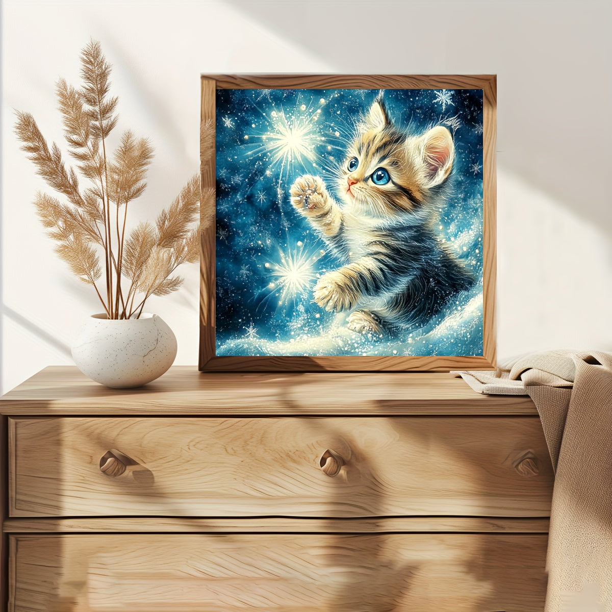 JOZYSH 1pc 11x11in Stitched Cross Stitch Kit - Adorable Kitten Playing with Sparkles, All-Season Fantasy Wall Art for Bedroom or Living Room, Includes Canvas, Needle, Thread, Pattern, and Instructions, Perfect Gift for Beginn