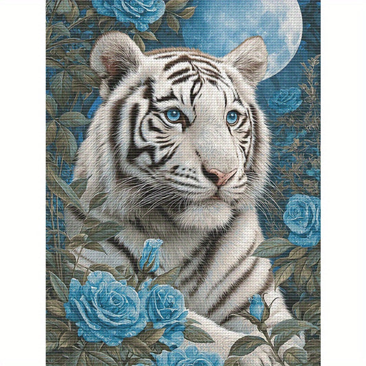 1pc, 13.8x17.7in, White Tiger & Blue Roses Cross Stitch Kit - DIY Eco-Line Art, 11CT Embroidery Fabric, Includes Threads, Needle, and Instructions - Perfect for Home Wall Decor, Mother'S Day Gift, Unframed, Mother'S Day Gift|