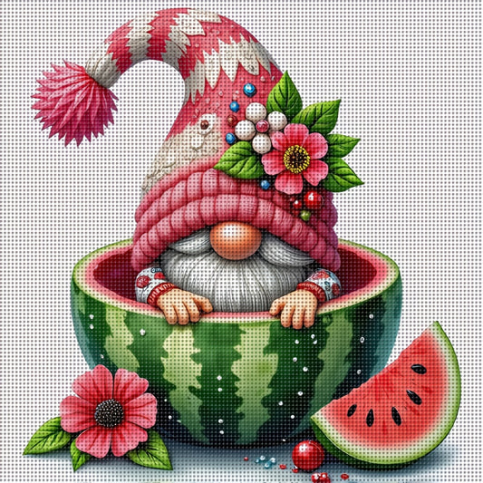 1 Set DIY Watermelon Gnome & Fruit Basket Cross Stitch Embroidery Kit - 11CT Full Drill Fabric Canvas with Pre-Printed Hoop, Vibrant Colors, All-Season Craft Project for Home Decor, Birthday/Christmas Gift (14.17x14.17 Inch)
