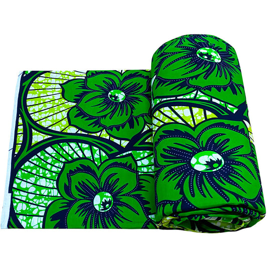 6-Yard African Fabric 100% Cotton Ankara Cloth - Green & Turquoise African Print with White Hibiscus Flowers, Durable Colorfast Material for Sewing Dresses, Skirts, Bags, Hats, Home Decor - Handmade Crafting Material (Sold by