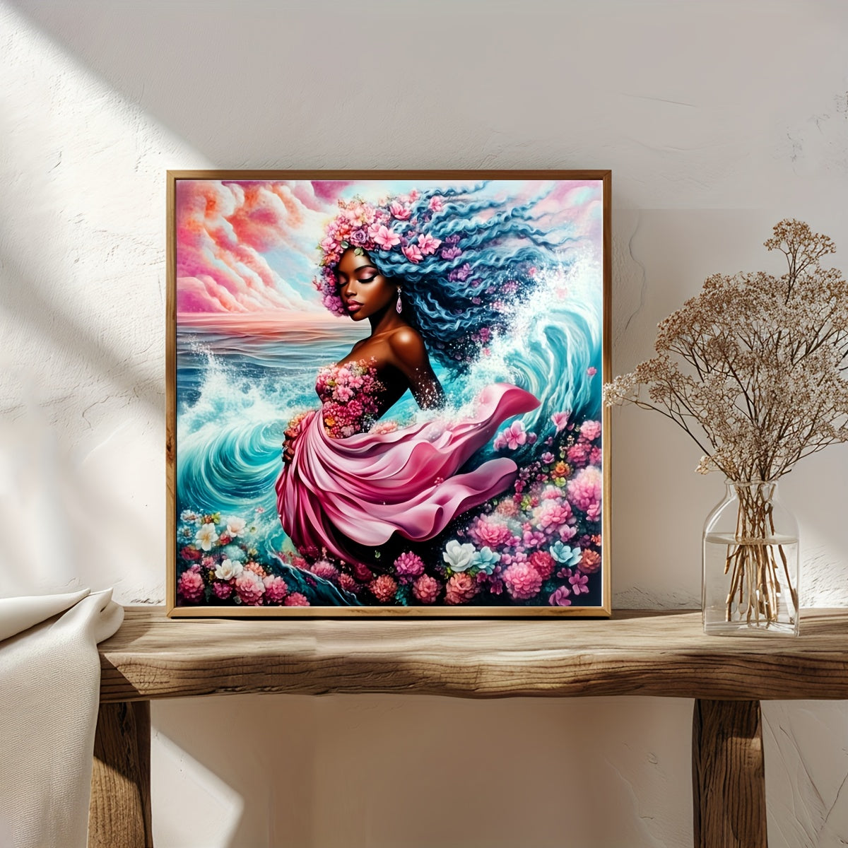 JOZYSH 1pc 40x40cm/15.7x15.7in Cross Stitch DIY Kit - Vibrant Wave & Flower Design with Black-Haired Woman, 11CT/14CT Embroidery Pattern for Beginners, Perfect for Bedroom or Living Room Wall Decor, Includes Canvas, Needle, T